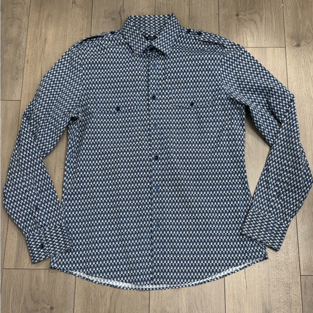 Gucci Tom Fird Era Men's Blue Horseshoe Patterned Button Down Shirt